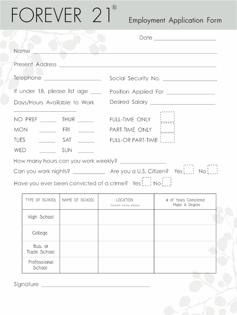 Forever 21 Application Form Fill Online Printable Fillable Blank PdfFiller