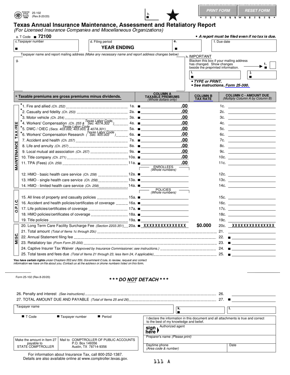 Form 25 102 Download Fillable PDF Or Fill Online Texas Annual Insurance Maintenance Assessment And Retaliatory Report Texas Templateroller