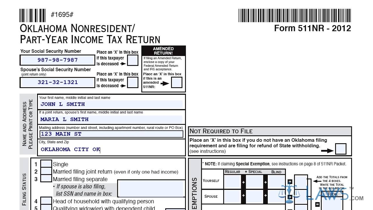 Form 511NR Oklahoma Nonresident Part Year Income Tax Return YouTube