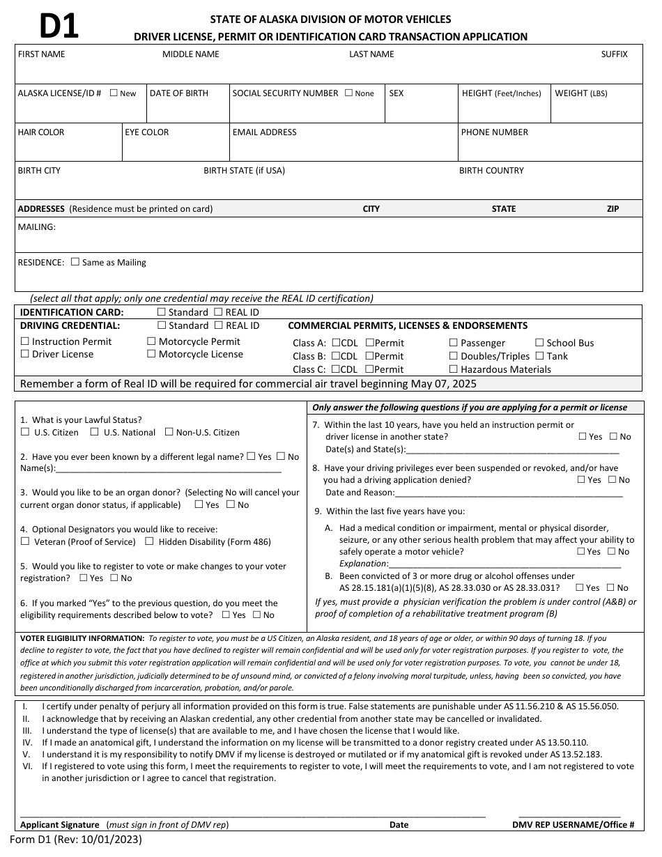 Form D1 Download Fillable PDF Or Fill Online Driver License Permit Or Identification Card Transaction Application Alaska 2021 2025 Templateroller