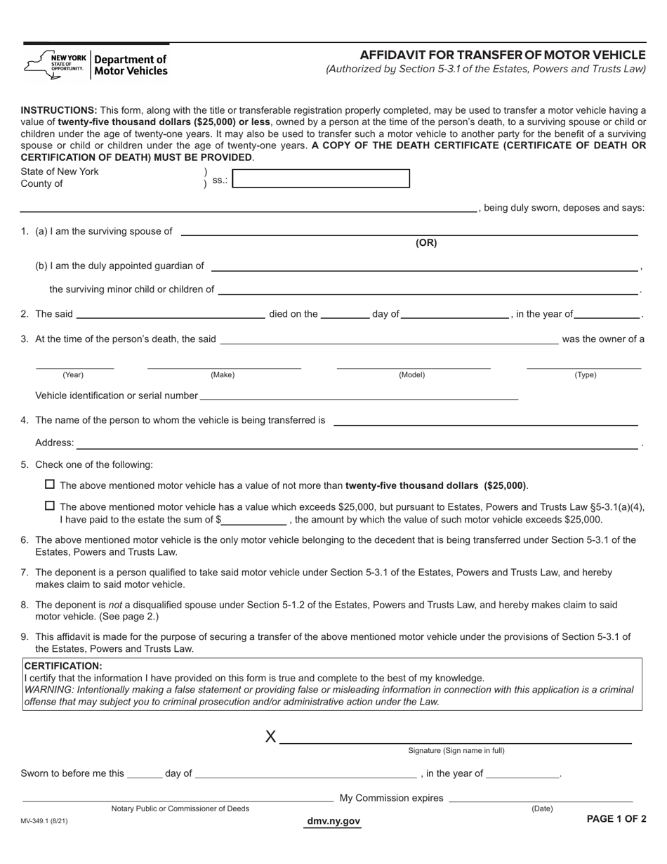 Form MV 349 1 Download Fillable PDF Or Fill Online Affidavit For Transfer Of Motor Vehicle New York Templateroller