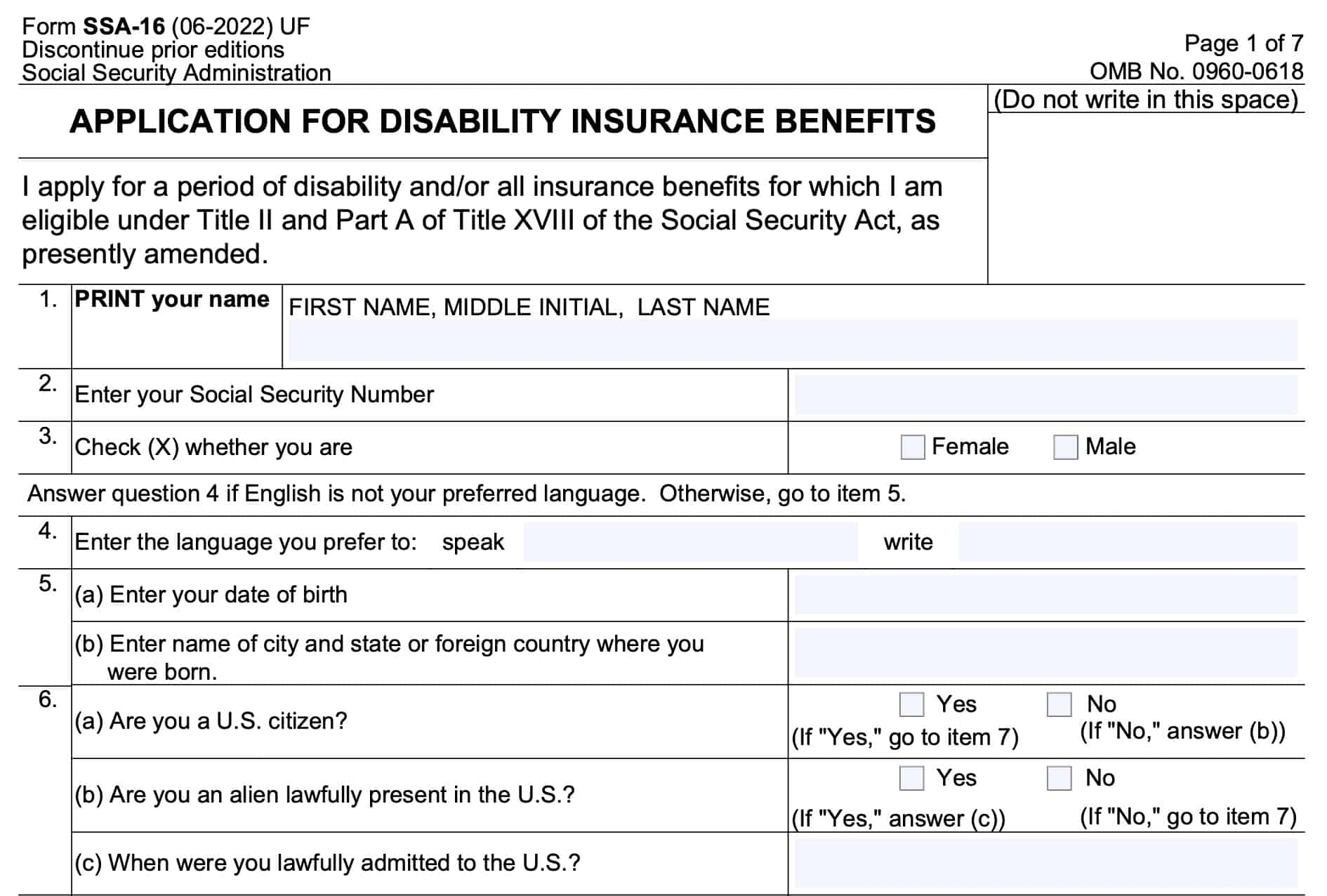 Form SSA 16 Instructions Filing Your Disability Benefits Claim