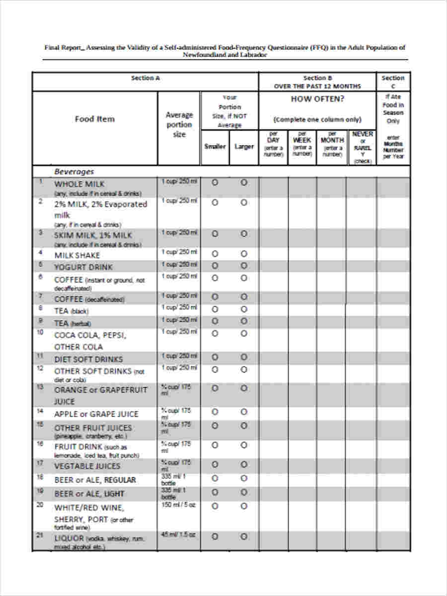 FREE 10 Food Frequency Questionnaire Form Samples PDF MS Word Google Docs