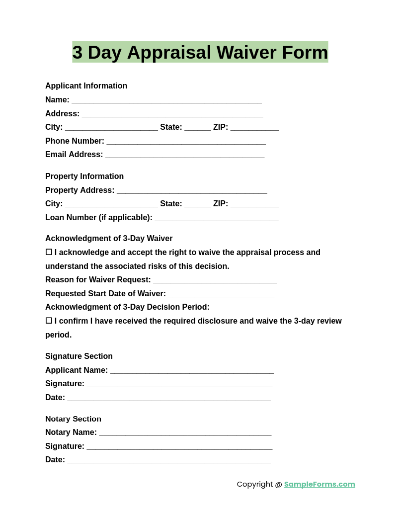 FREE 11 Appraisal Waiver Form Samples PDF MS Word Google Docs