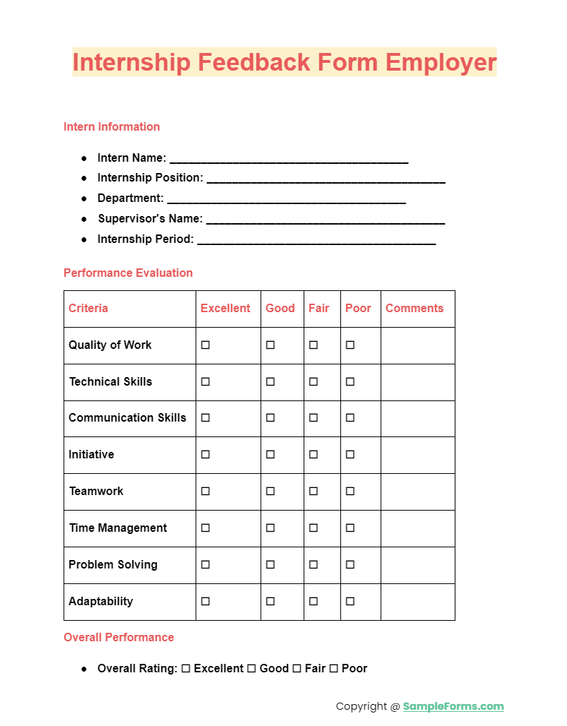 FREE 11 Internship Feedback Form Samples PDF MS Word Google Docs