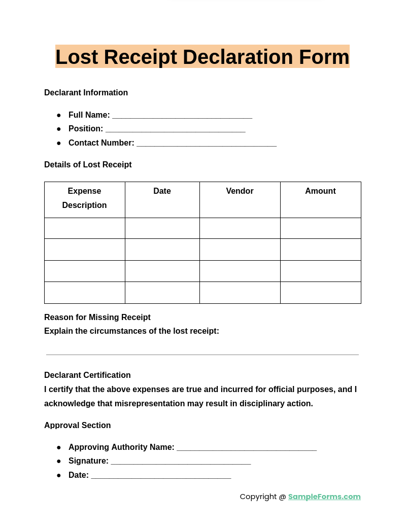 FREE 11 Lost Receipt Form Samples PDF MS Word Google Docs Excel