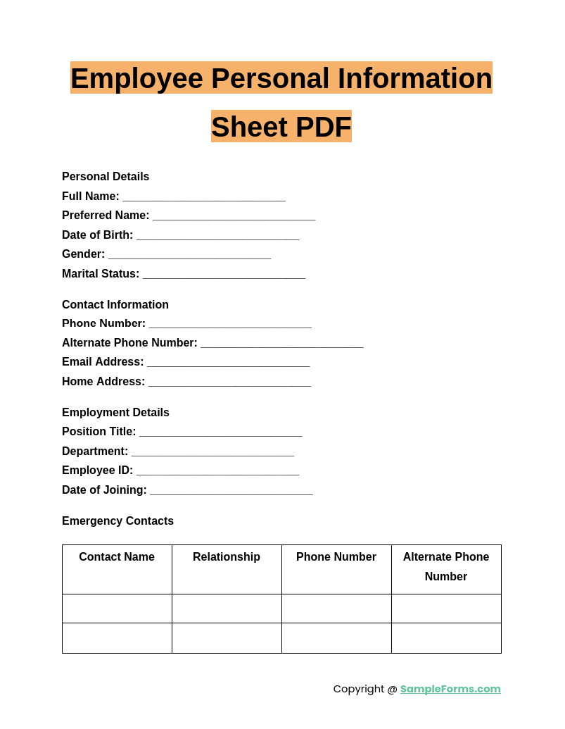 FREE 12 Employee Personal Information Form Samples PDF MS Word Google Docs Excel