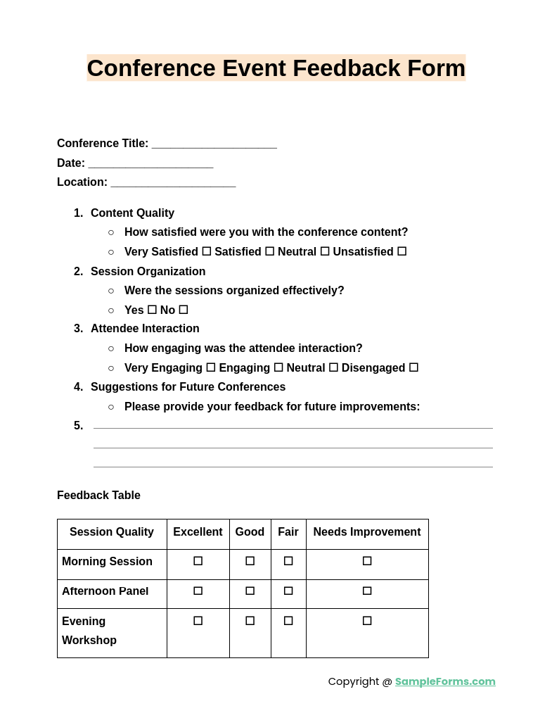 FREE 12 Event Feedback Form Samples PDF MS Word Google Docs Excel
