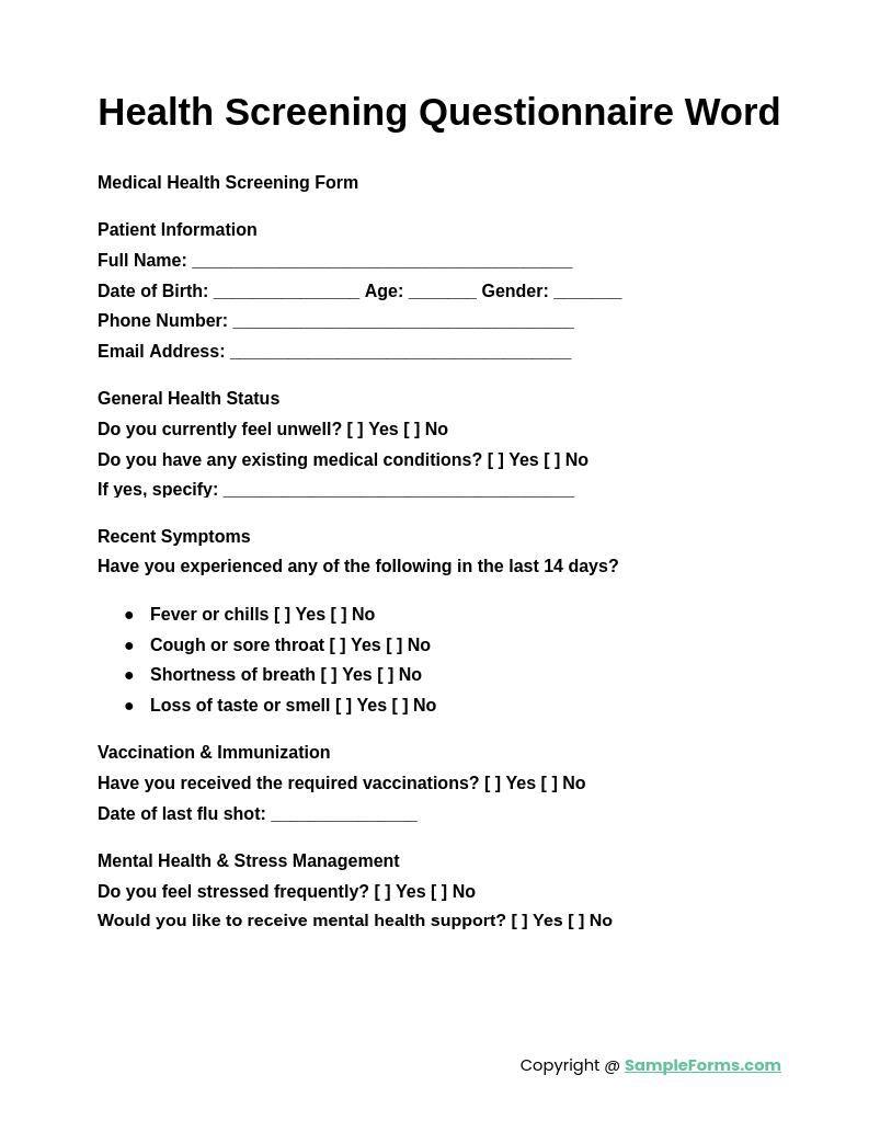 health screening form