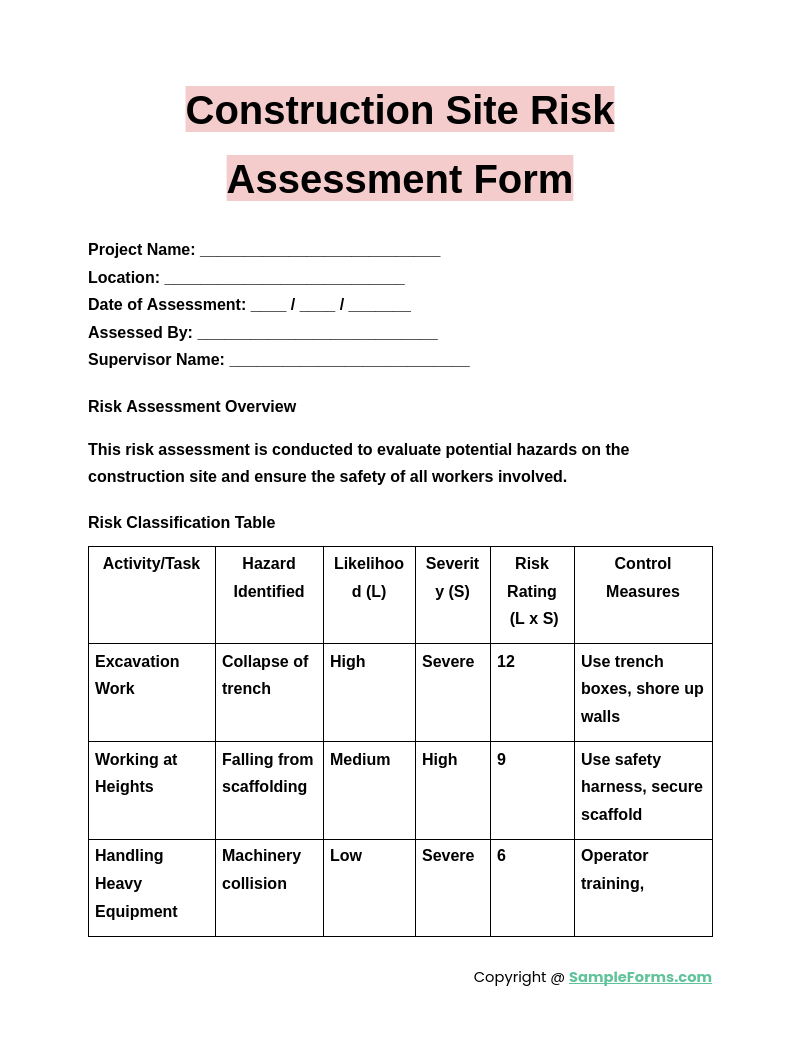 construction risk assessment form
