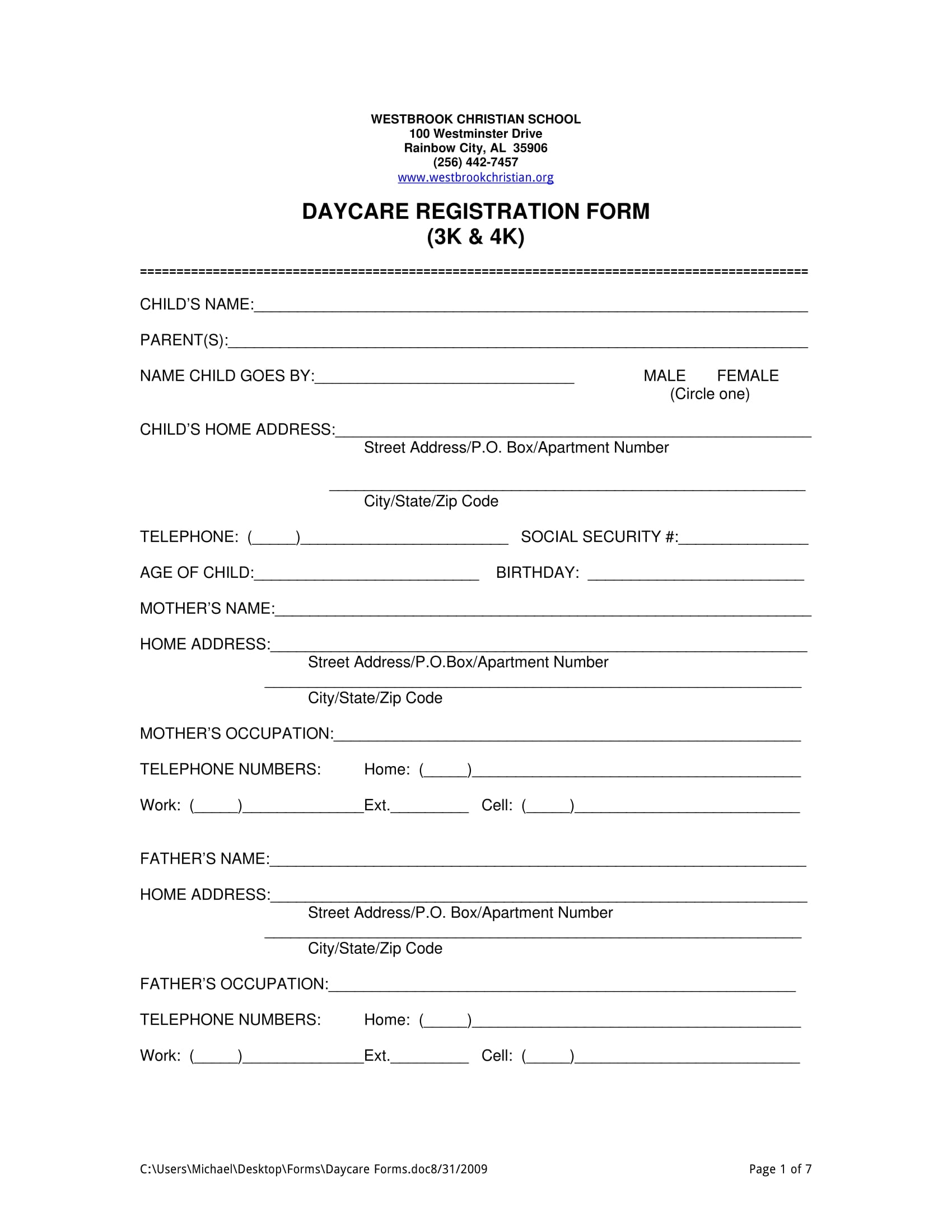 FREE 13 Daycare Registration Form Samples PDF MS Word Google Docs
