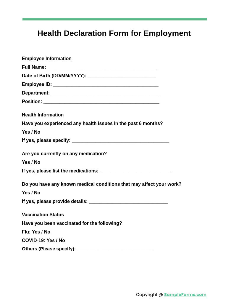 FREE 13 Health Declaration Form Samples PDF MS Word Google Docs Excel