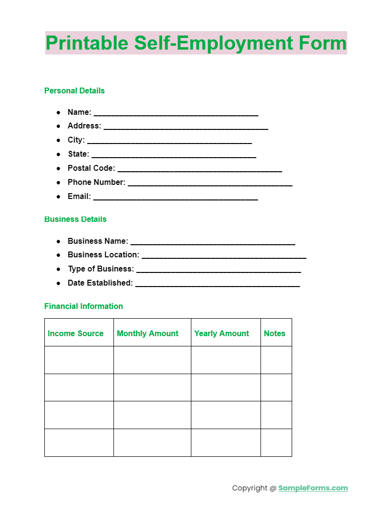 FREE 14 Self Employment Form Samples PDF MS Word Google Docs Excel