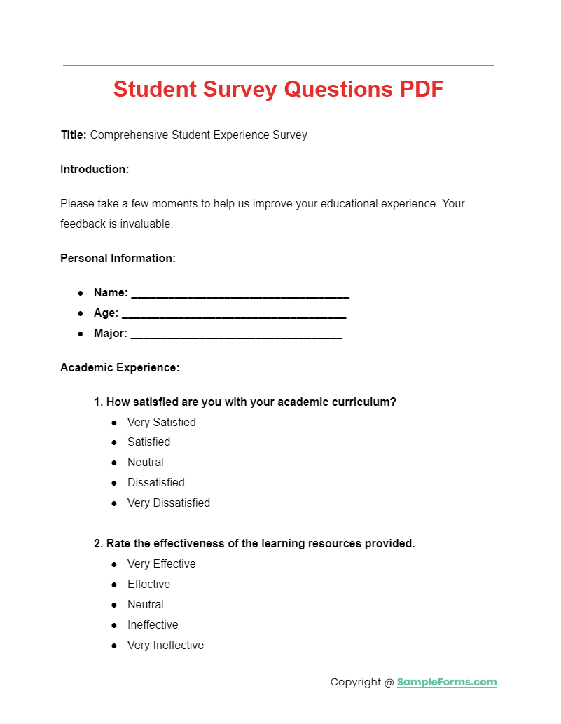 FREE 14 Survey Questions For Students Samples PDF MS Word Google Docs FREE 14 Survey Questions For Students Samples PDF MS Word Google Docs