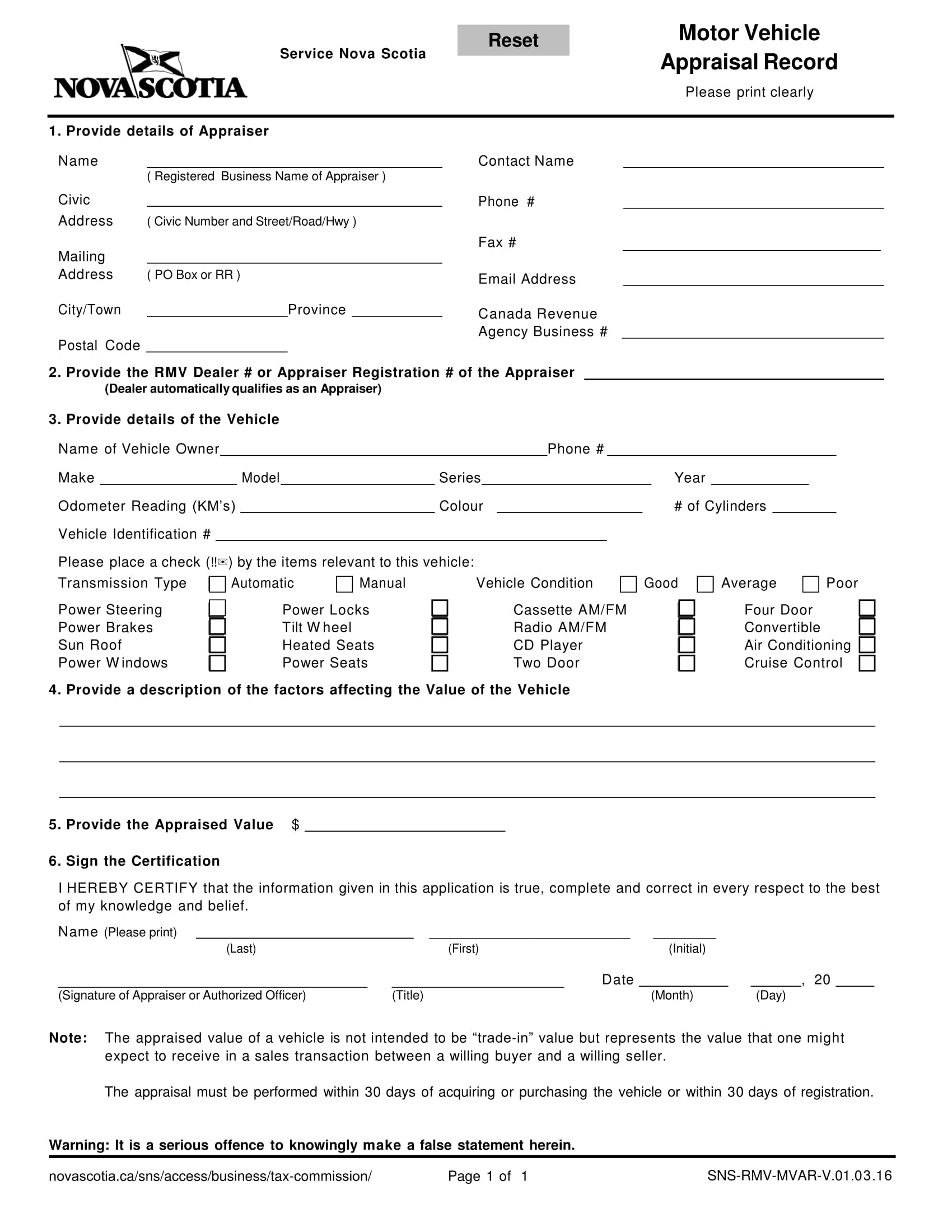 car appraisal forms