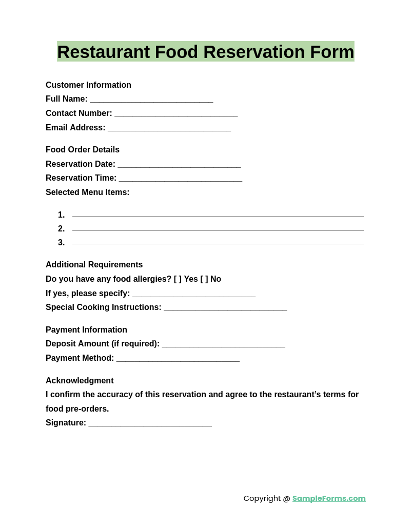 FREE 15 Restaurant Reservation Form Samples PDF MS Word Google Docs