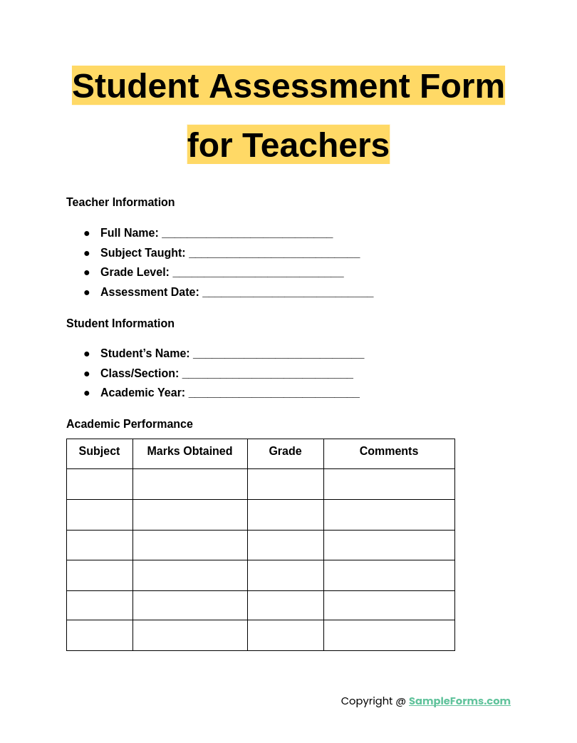 FREE 15 Student Assessment Form Samples PDF MS Word Google Docs Excel