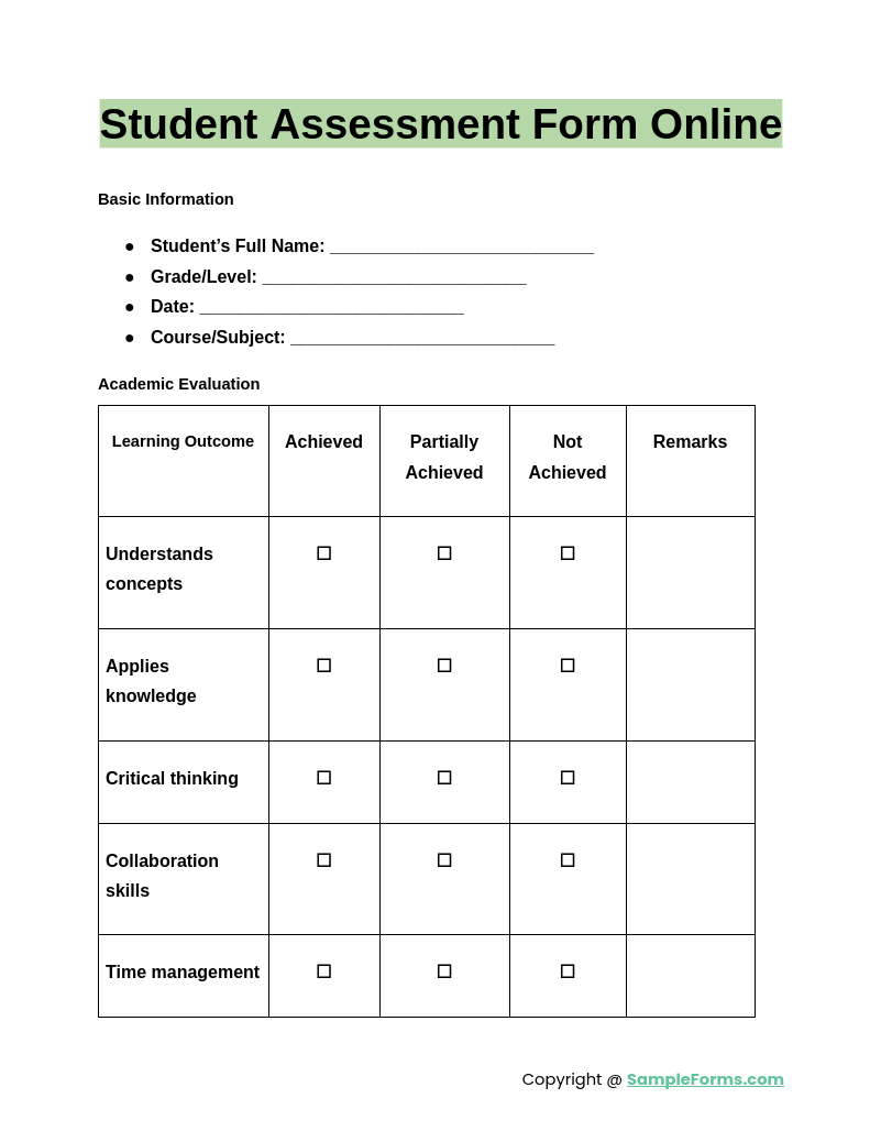 FREE 15 Student Assessment Form Samples PDF MS Word Google Docs Excel