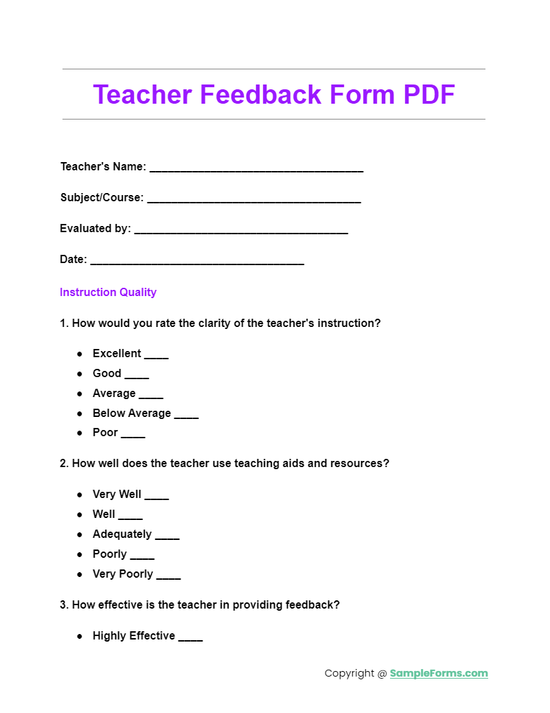 FREE 18 Teacher Feedback Form Samples PDF MS Word Google Docs
