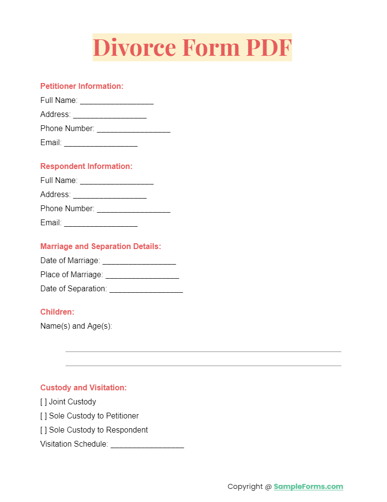 divorce application form printable