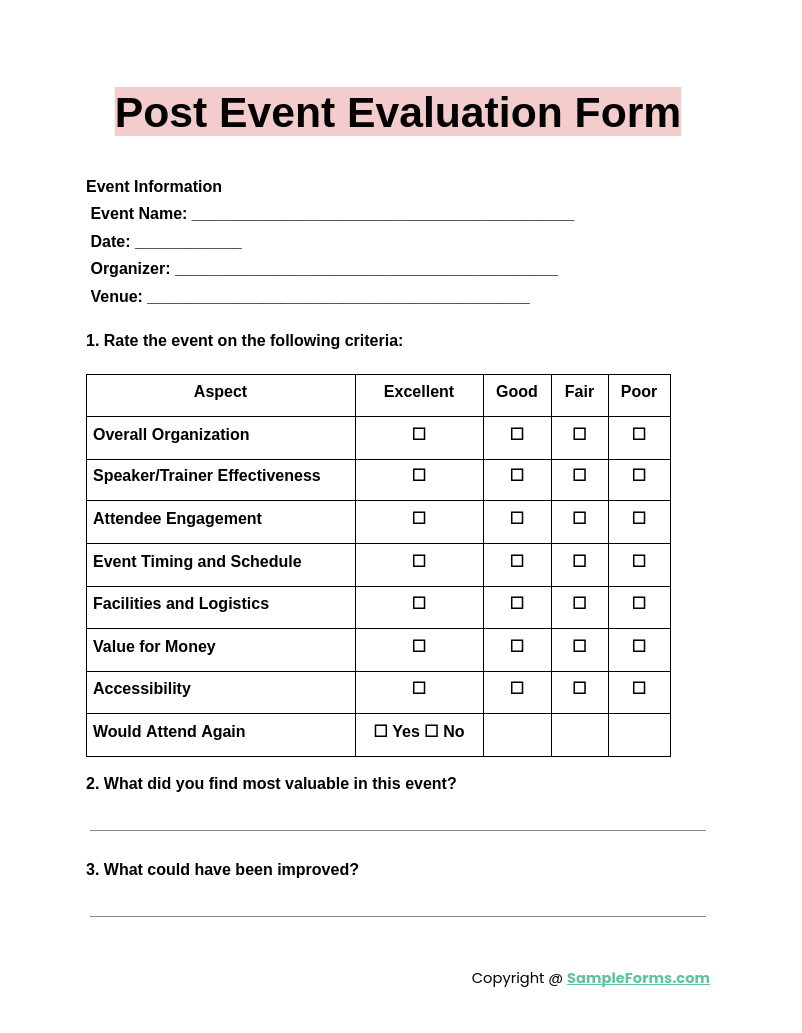 FREE 20 Event Evaluation Form Samples PDF MS Word Google Docs