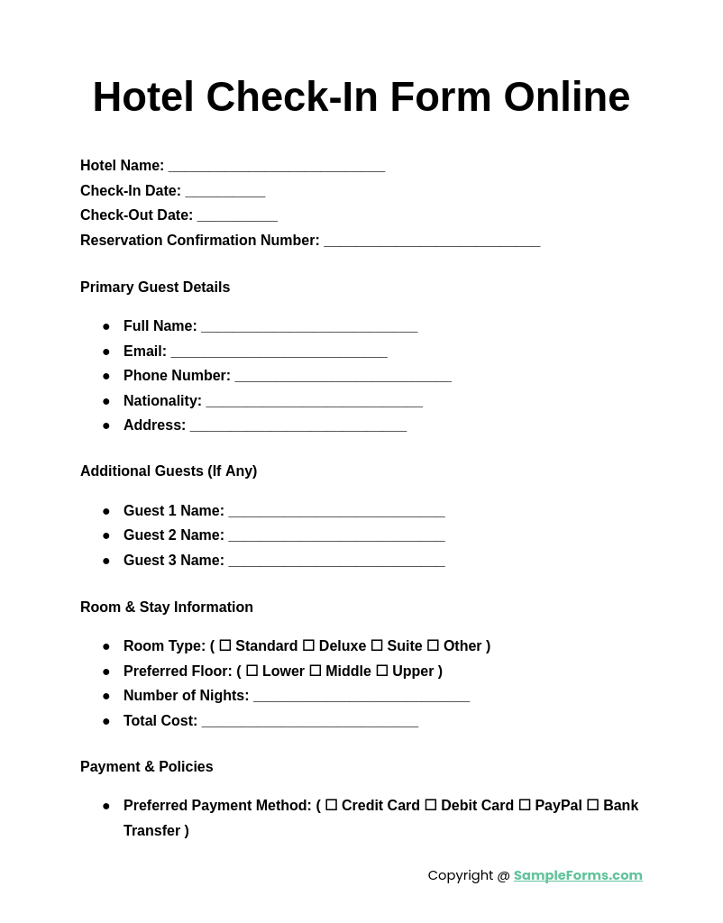 FREE 22 Hotel Check In Form Samples PDF MS Word Google Docs