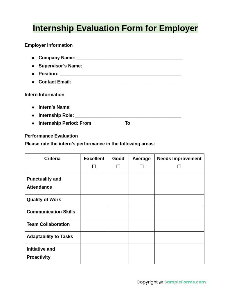 FREE 27 Internship Evaluation Form Samples PDF MS Word Google Docs