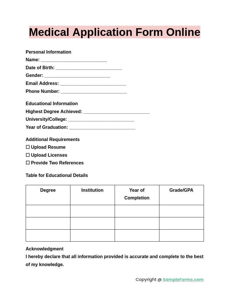 FREE 35 Medical Application Form Samples PDF MS Word Google Docs
