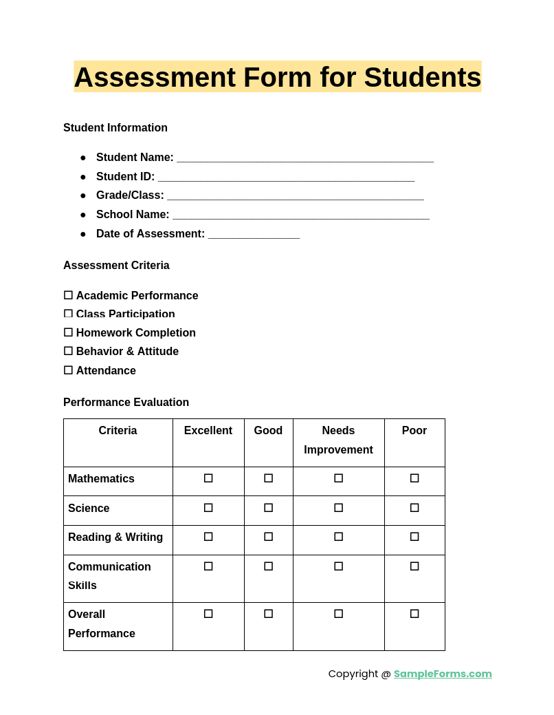 FREE 36 Assessment Form Samples PDF MS Word Google Docs