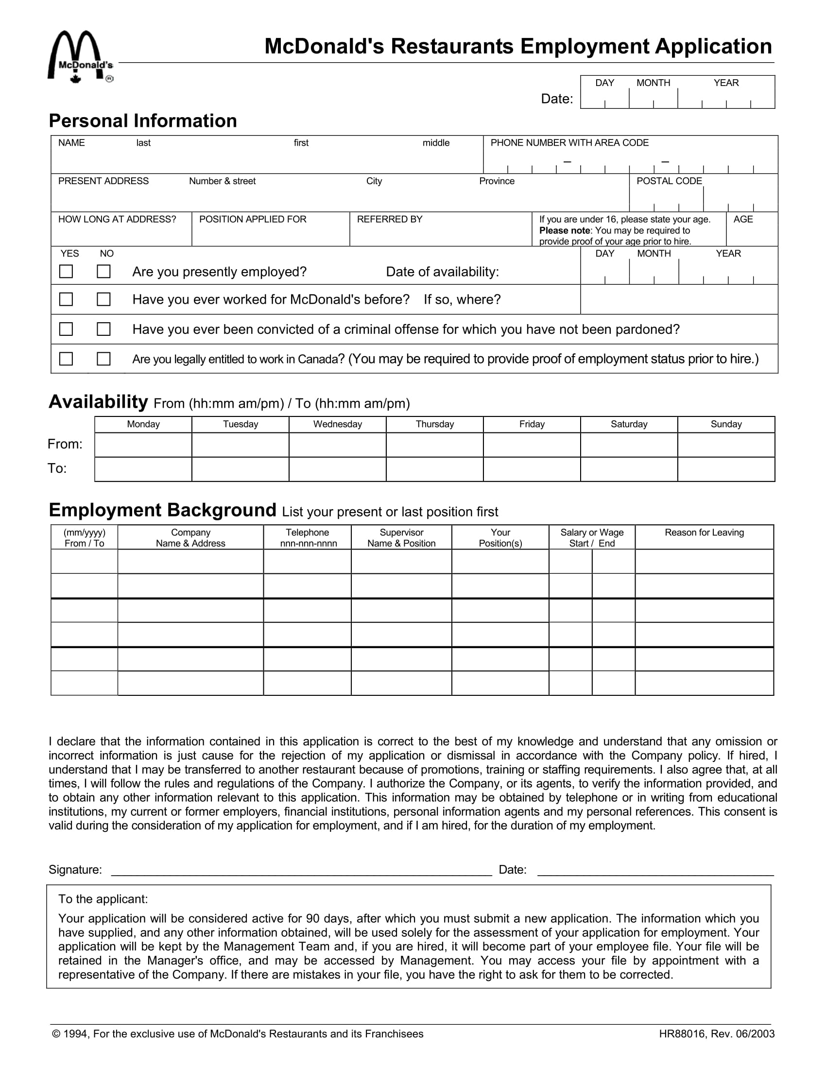 restaurant application form