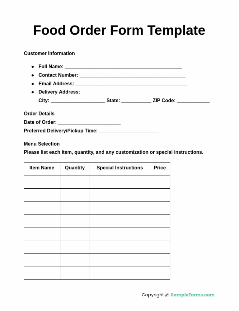 FREE 40 Food Order Form Samples PDF MS Word Google Docs