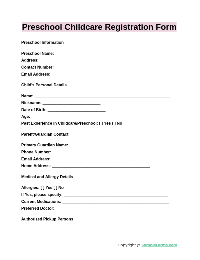 printable daycare application forms