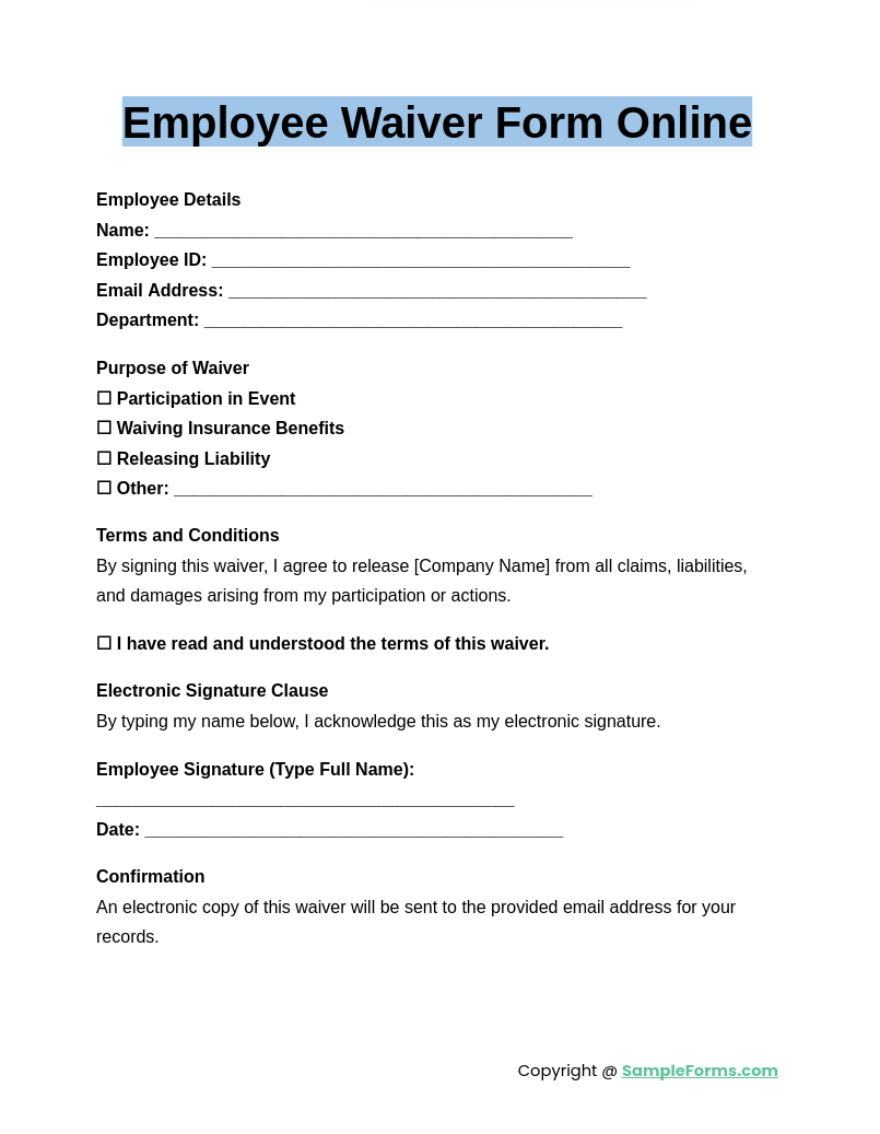 FREE 8 Employee Waiver Form Samples PDF MS Word Google Docs