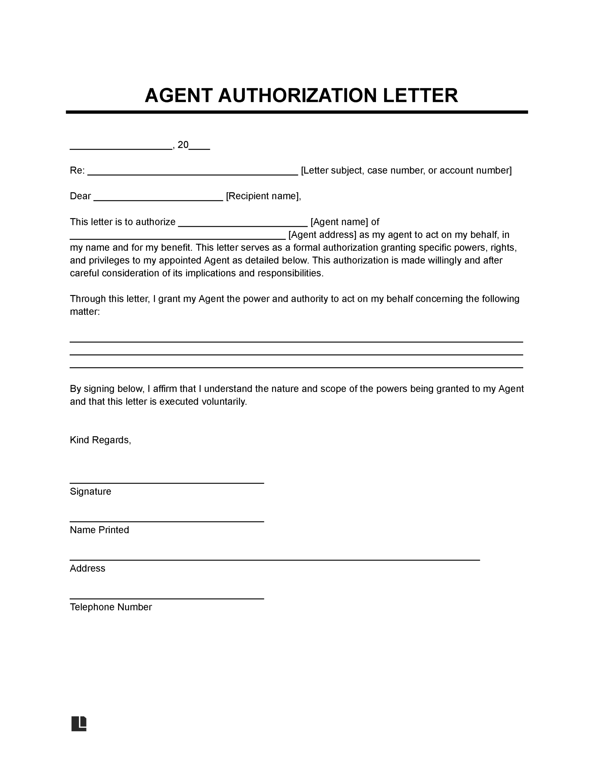 Free Agent Authorization Letter Template PDF Word