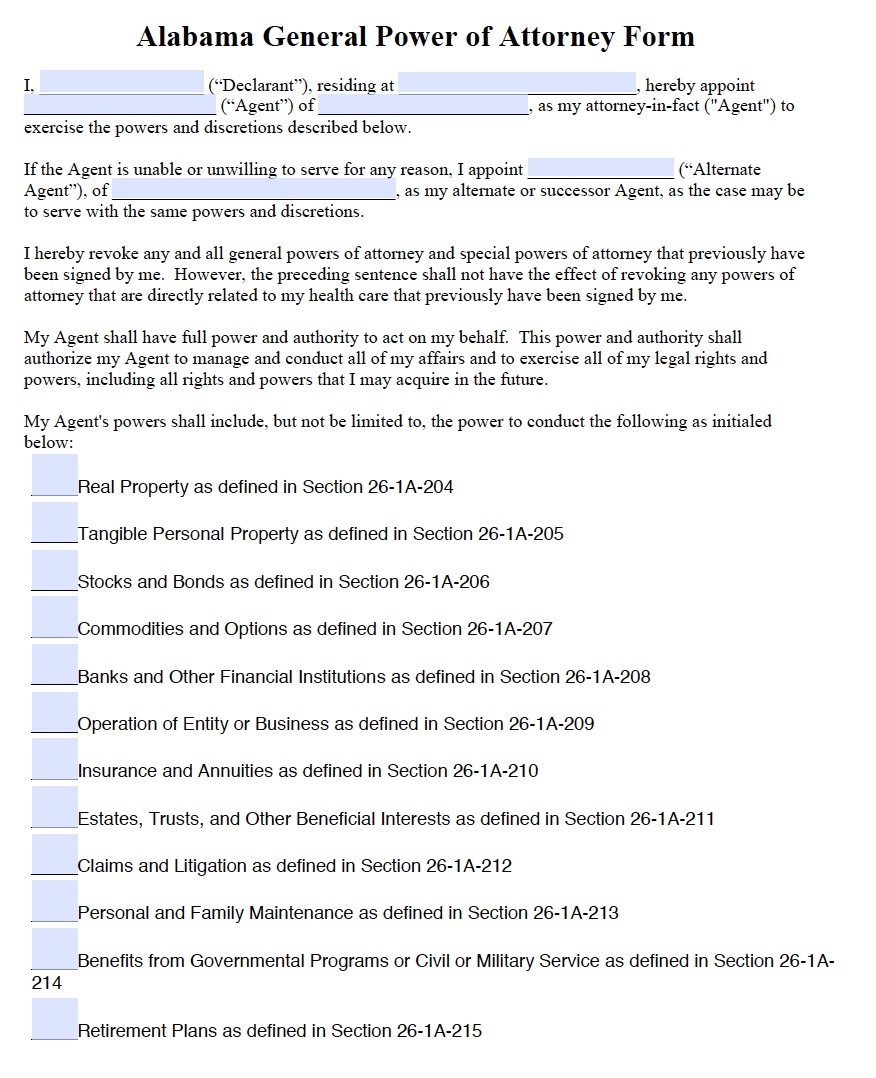 Free Alabama Power Of Attorney Forms PDF Templates