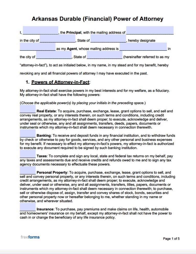 Free Arkansas Durable Financial Power Of Attorney Form PDF Word