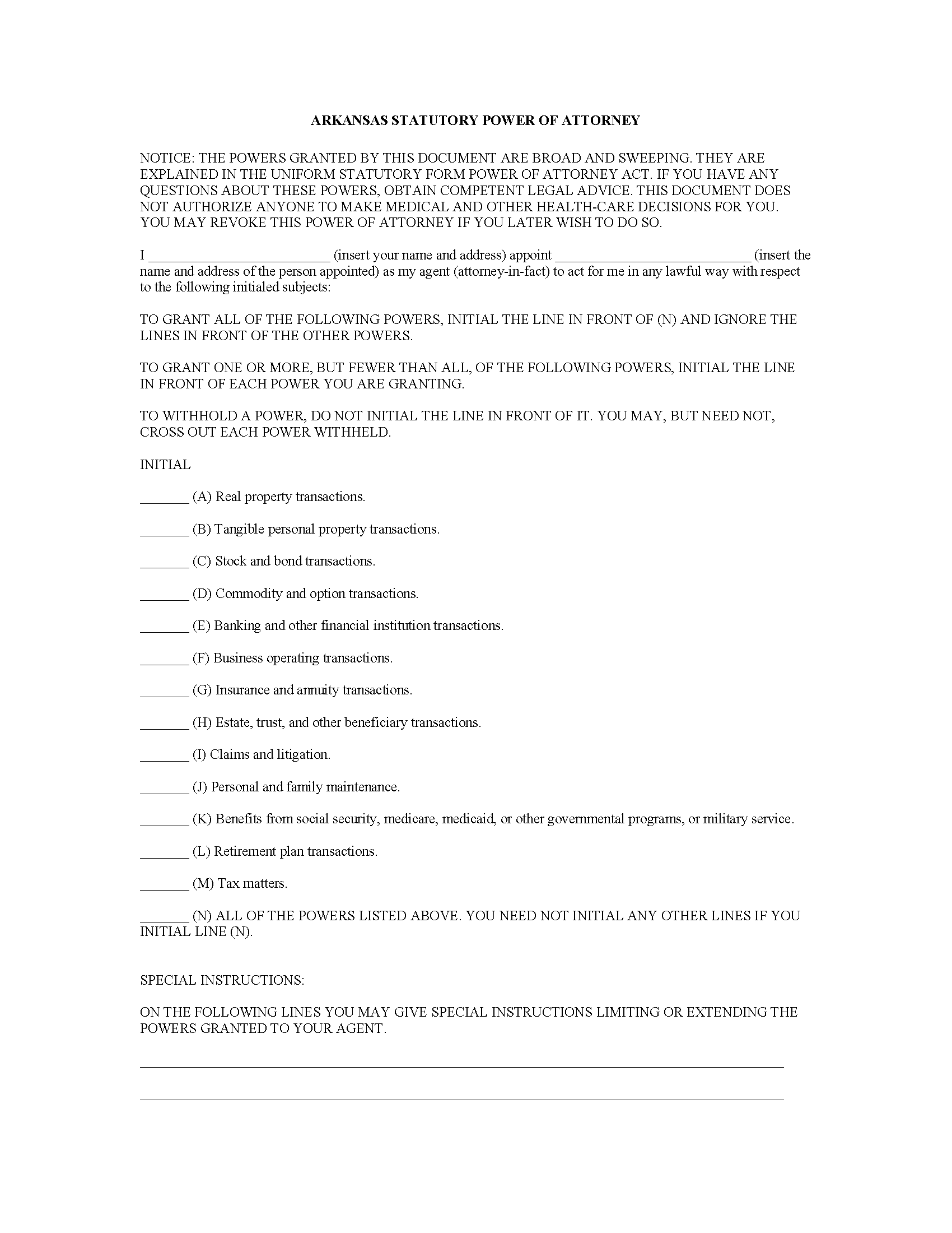 free printable durable power of attorney form arkansas