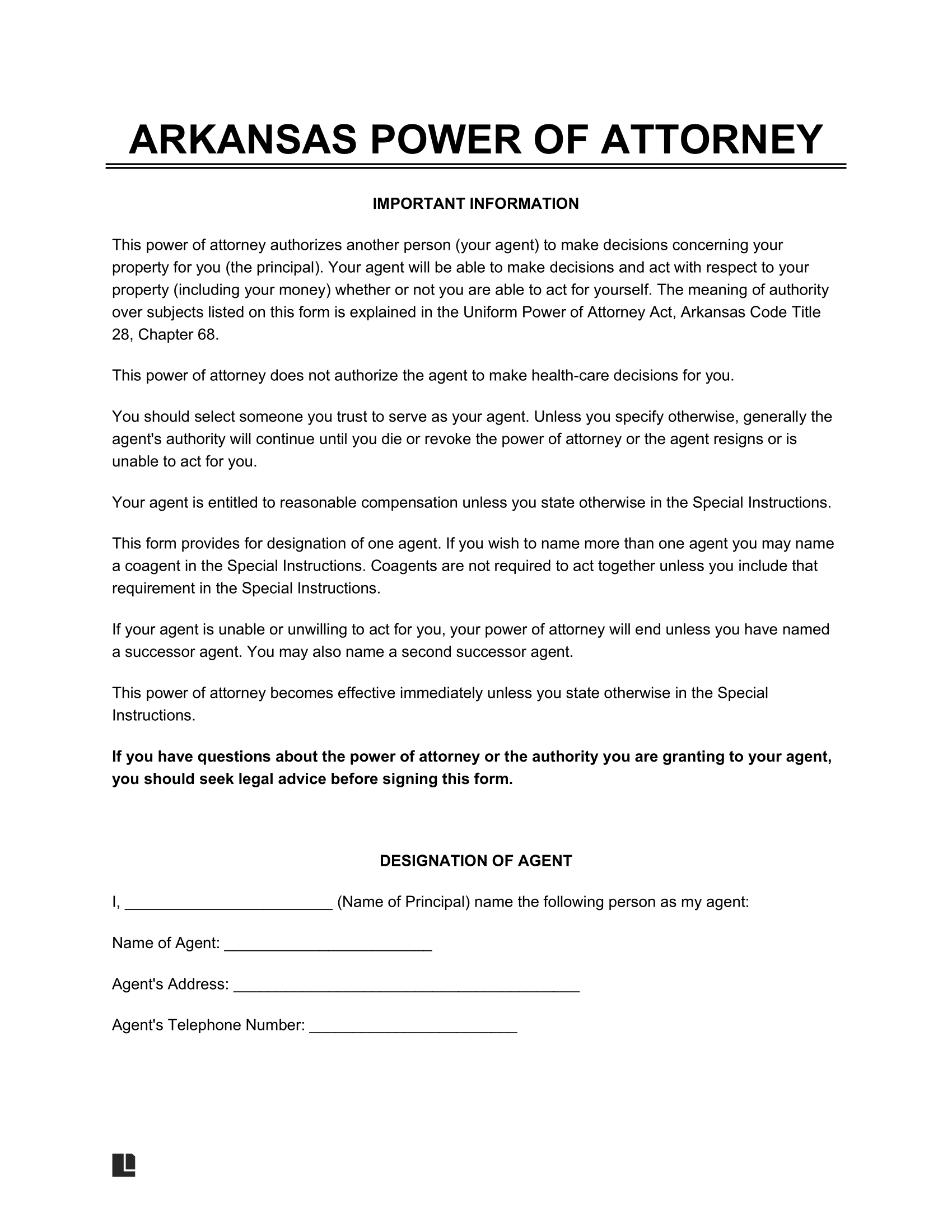 Free Arkansas Power Of Attorney Forms PDF Word