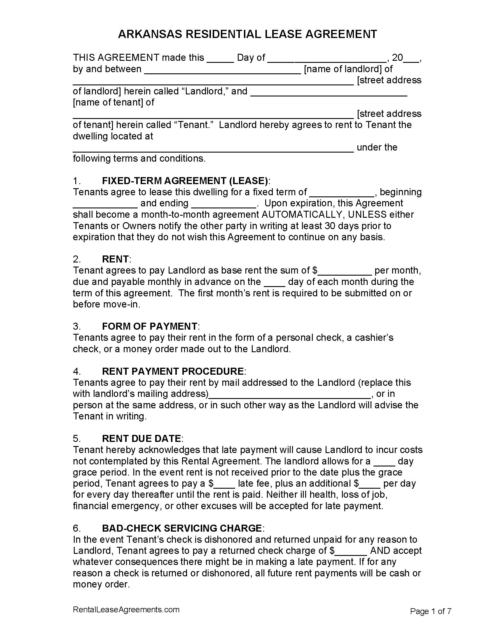 Free Arkansas Standard Residential Lease Agreement PDF