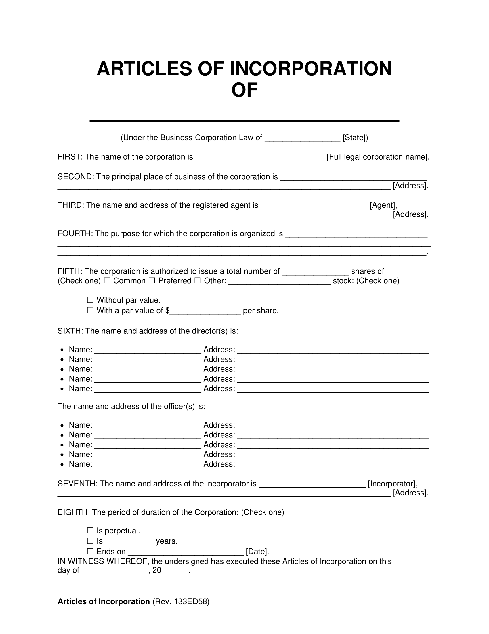 Free Articles Of Incorporation Template PDF Word Free Articles Of Incorporation Template PDF Word