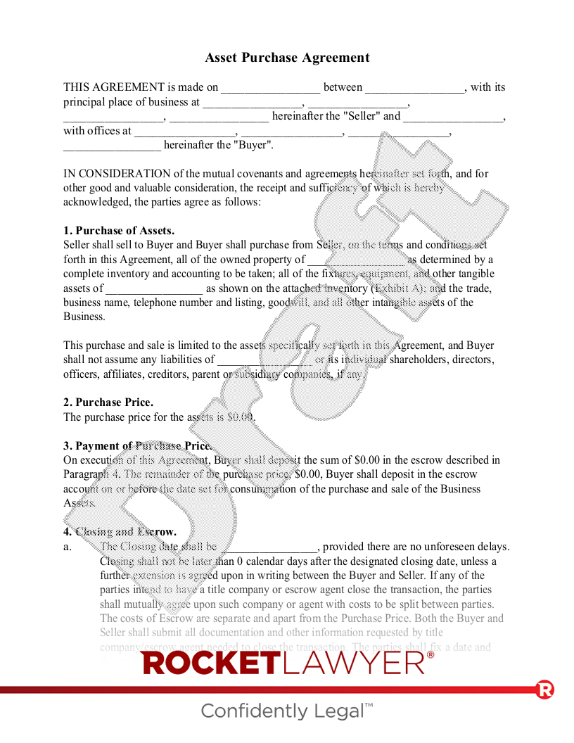 Free Asset Purchase Agreement Template Rocket Lawyer