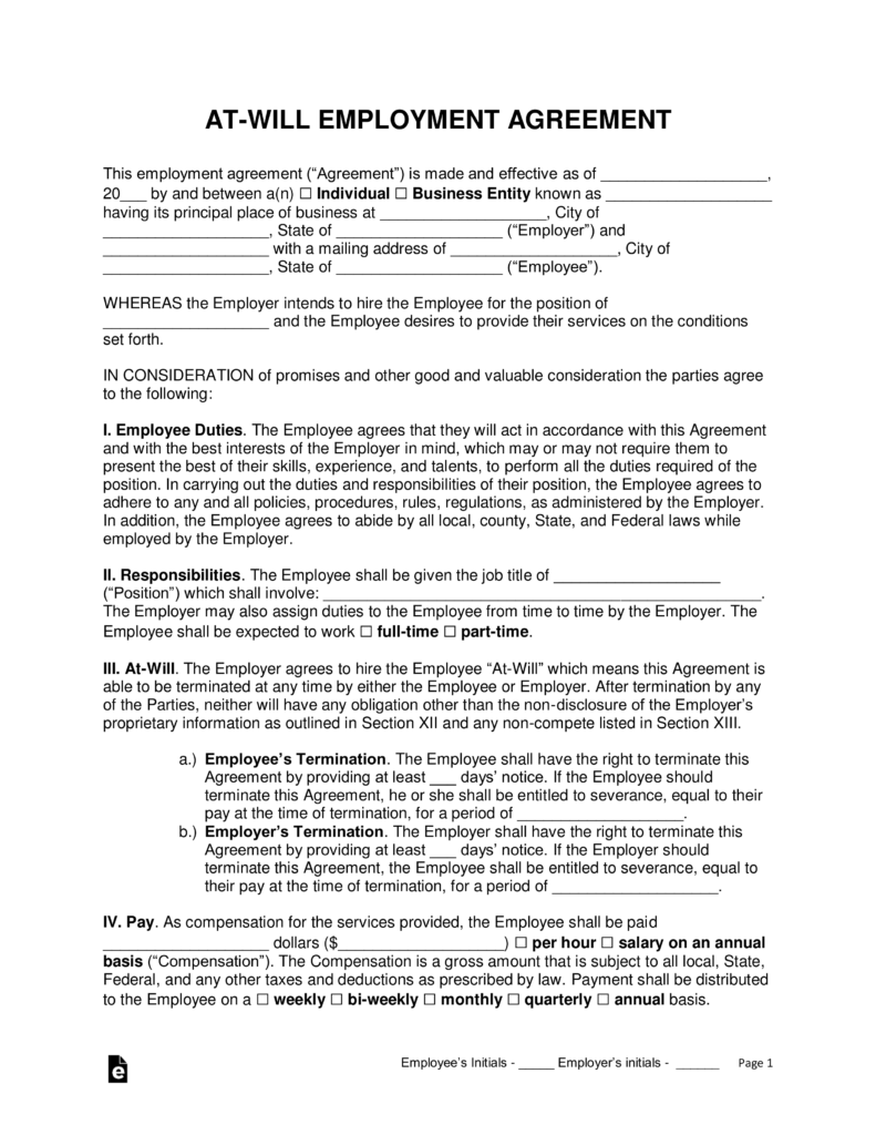 Free At Will Employment Contract Template PDF Word EForms