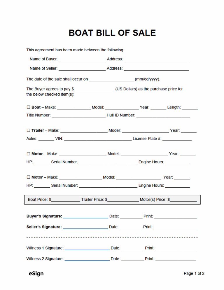 Free Boat Vessel Bill Of Sale Template PDF Word