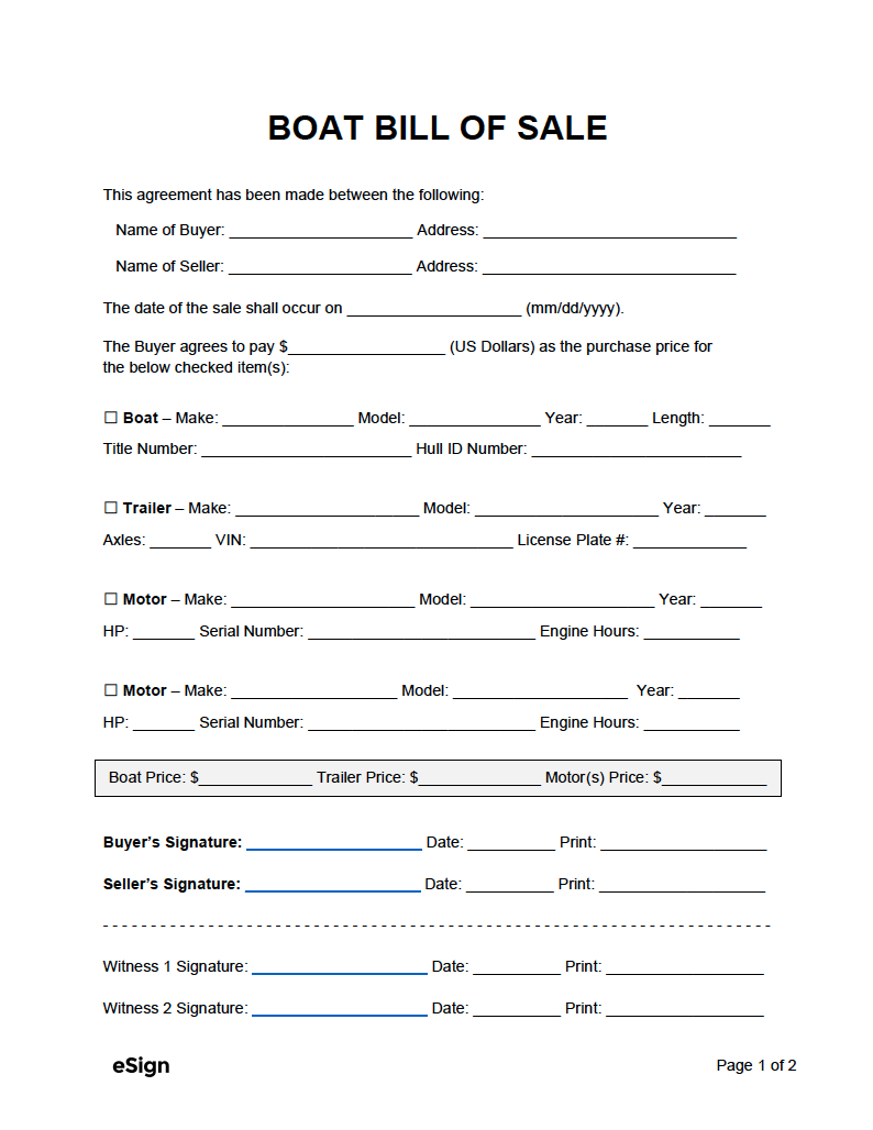 Free Boat Vessel Bill Of Sale Template PDF Word