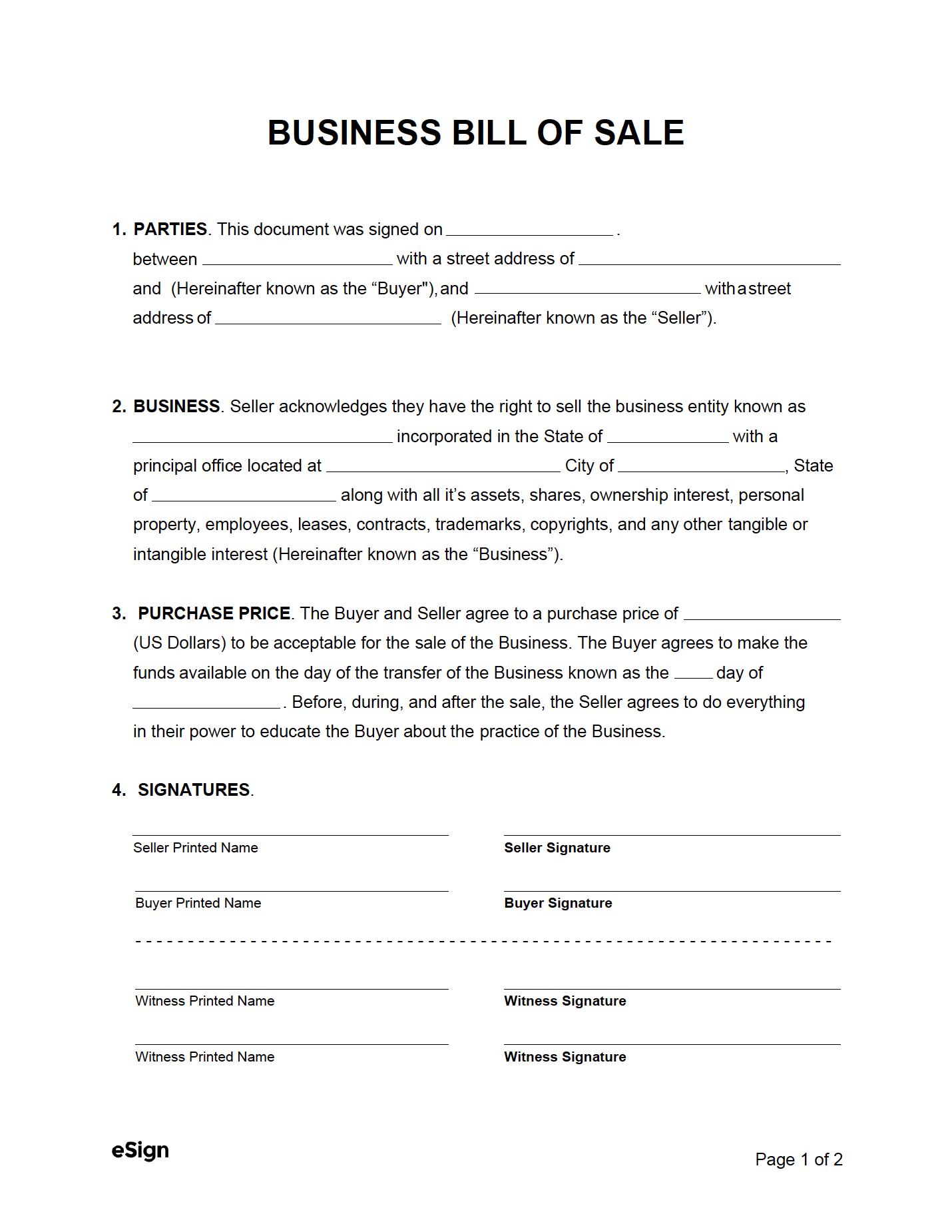 Free Business Bill Of Sale Form PDF Word
