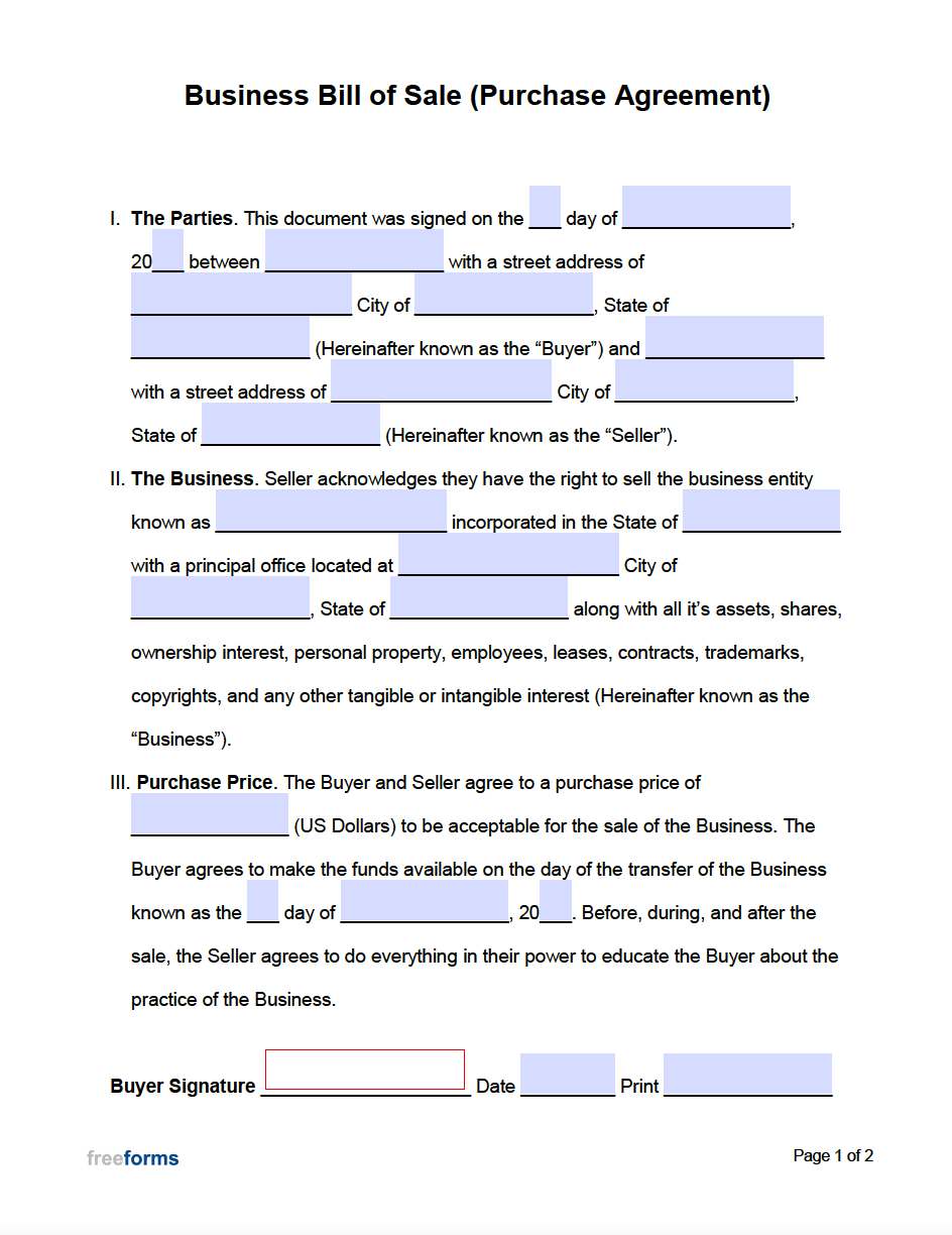 Free Business Bill Of Sale Form Purchase Agreement PDF