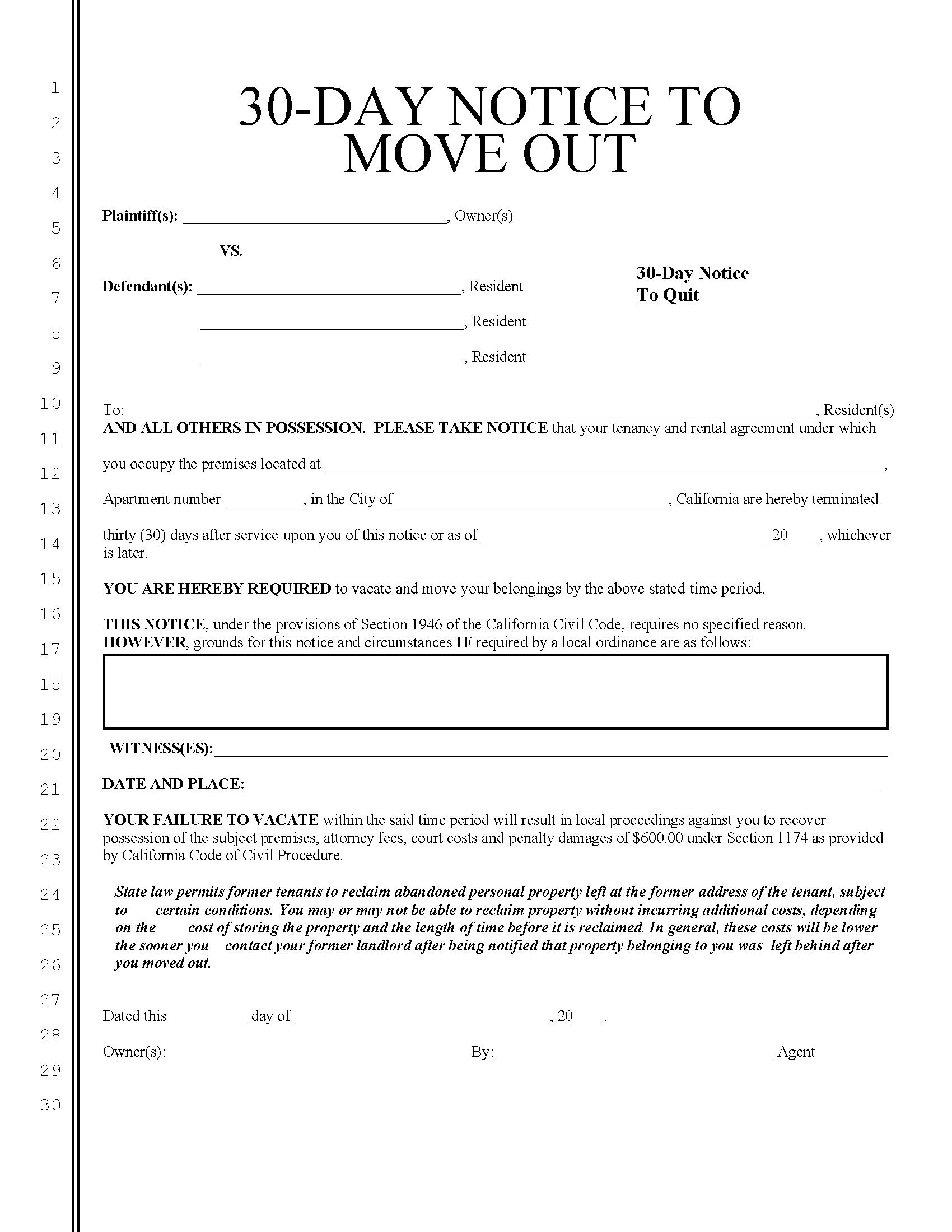 Free California 30 Day Notice To Quit Lease Termination PDF