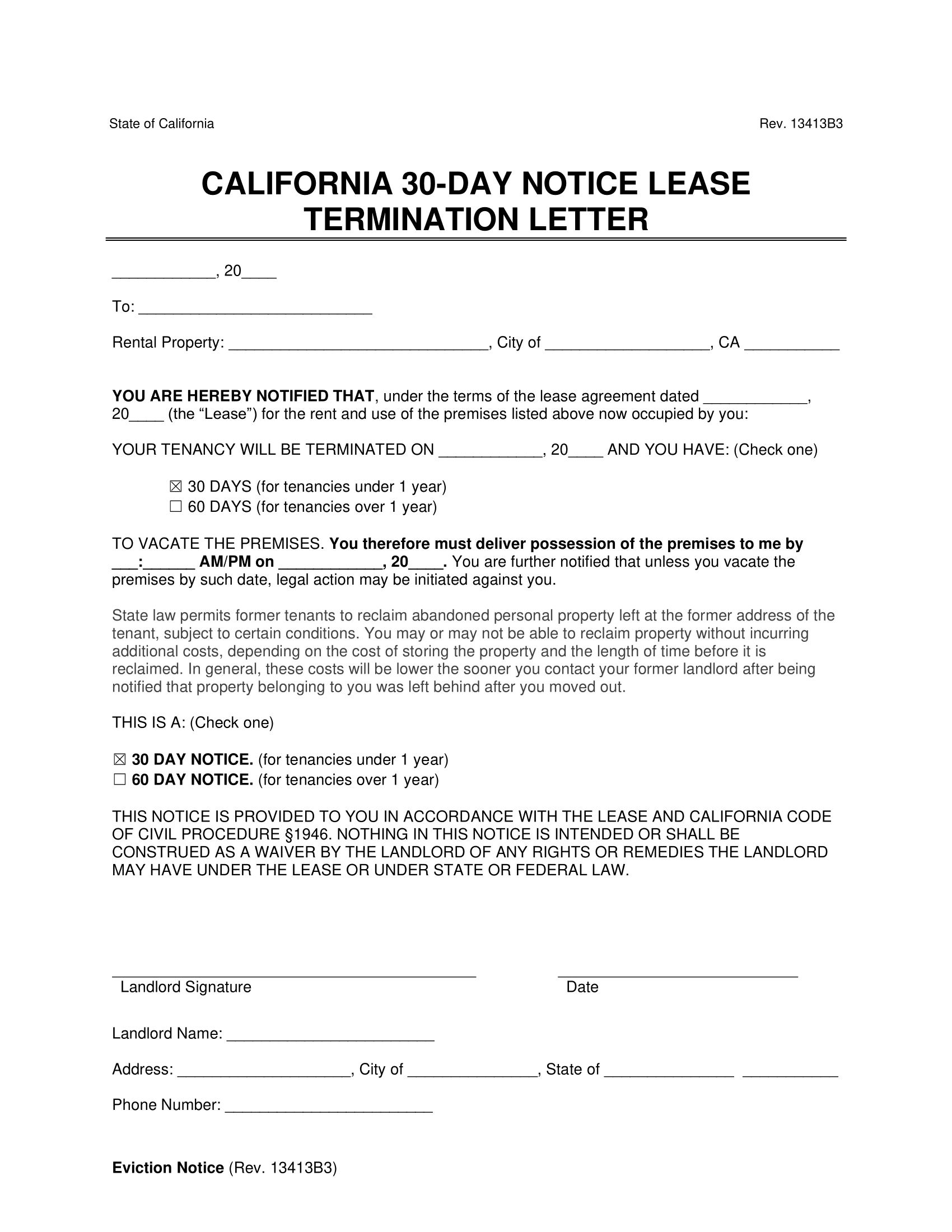 Free California 30 Day Notice To Vacate Lease Termination Letter PDF Word Free California 30 Day Notice To Vacate Lease Termination Letter PDF Word