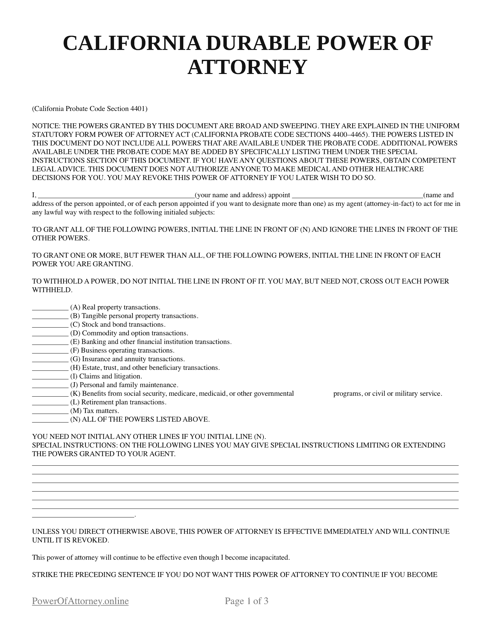 Free California CA Durable Power Of Attorney Forms PDF