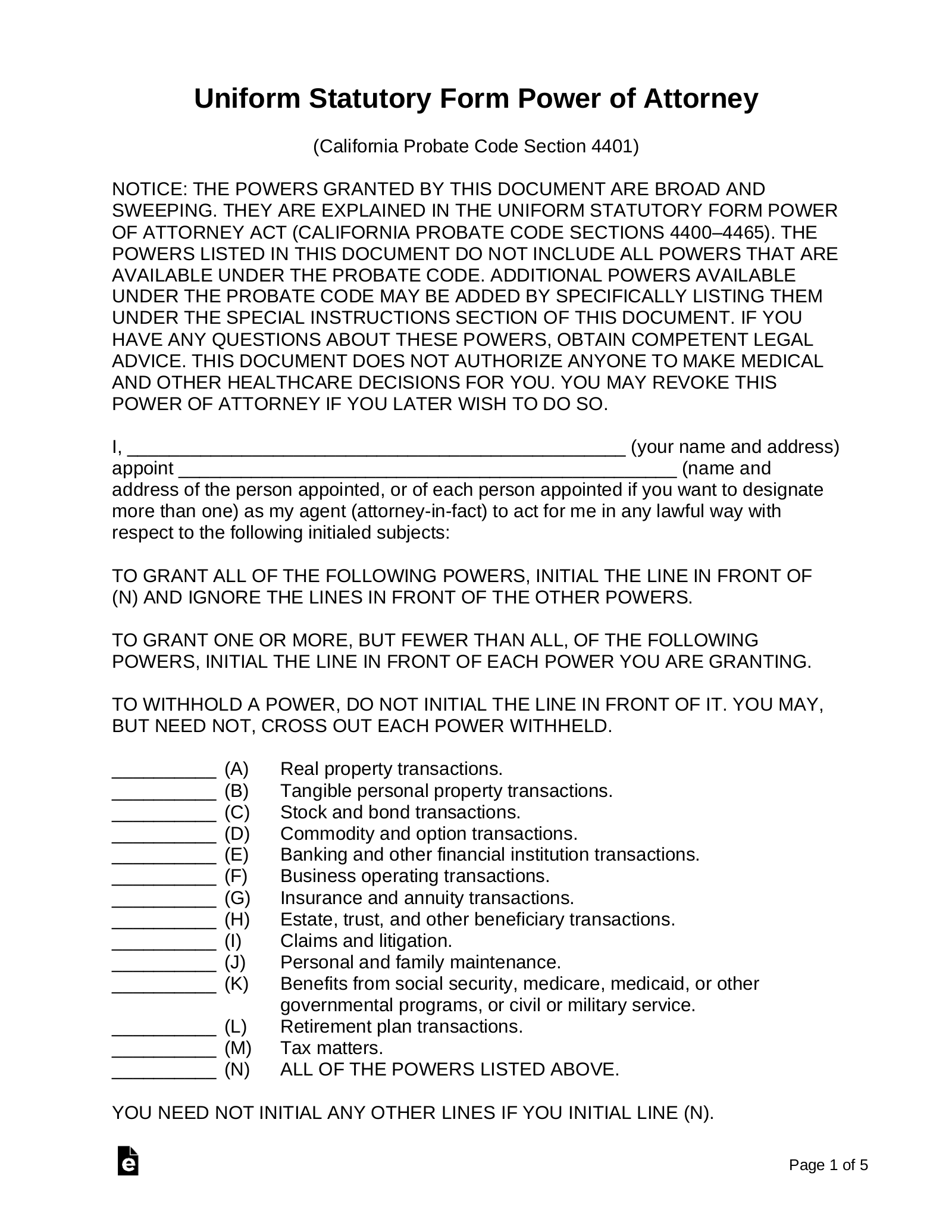 Free California Durable Statutory Power Of Attorney Form PDF Word EForms
